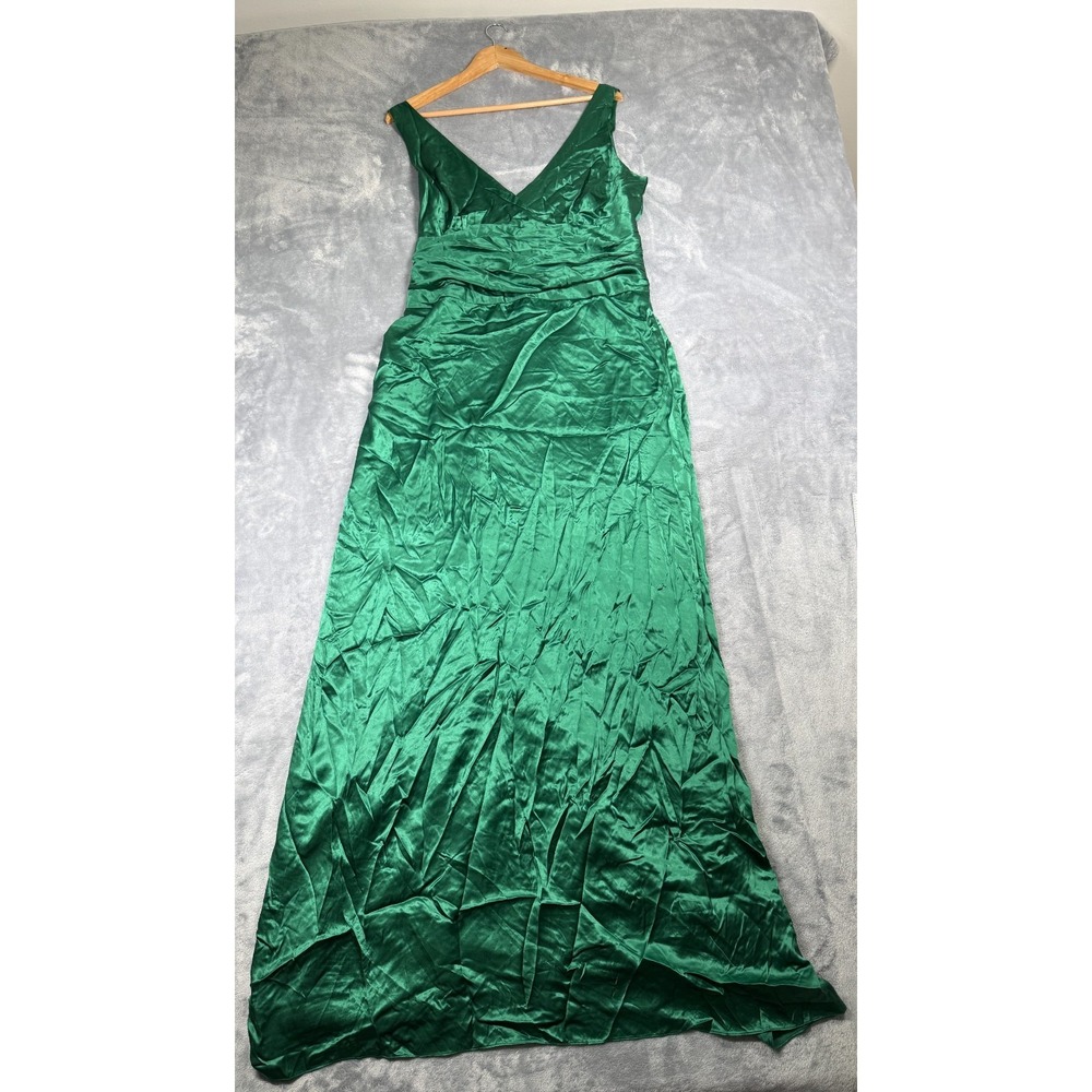 Nicole Miller Maxi Dress Womens 16 Emerald Green Silk Satin Ruched Bodice Gown
